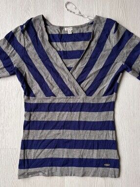 Guess Striped V-Neck Top in Blue and Gray Size L